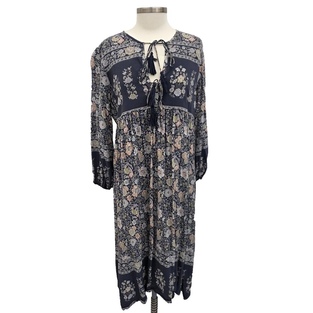 R Vivimos Floral Cottagecore Maxi Dress XL‎ 3/4 Sleeve Keyhole Neck Boho Blue